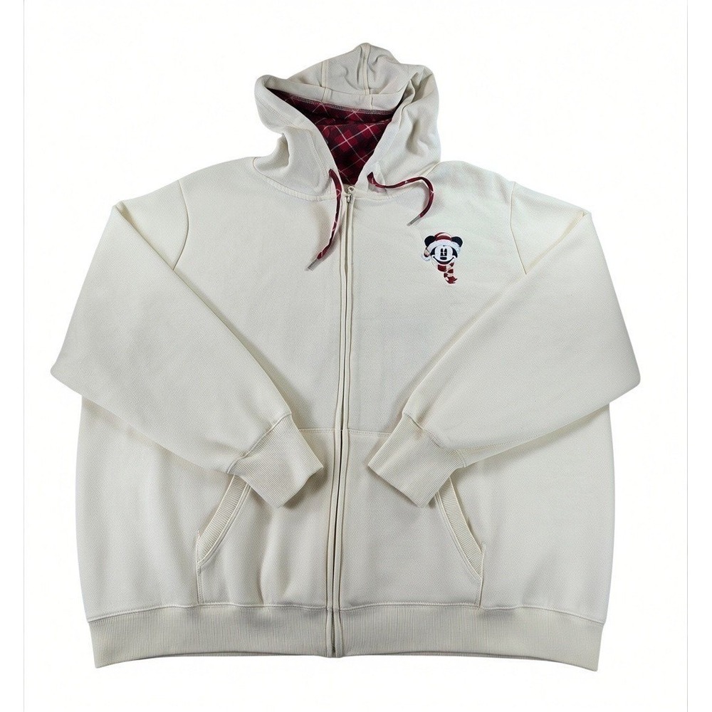Disney Parks Mens 3X 3XL Mickey Mouse Christmas Zip Up Hoodie Cream Plaid Hood